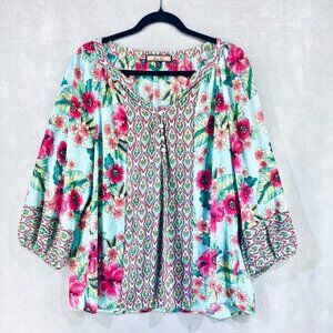 Rose & Olive Aqua Floral Boho Blouse with Pink & Green Accents